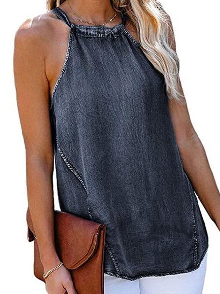 

Vintage Plain Sleeveless Casual Denim Tank, Deep gray, Tank Top