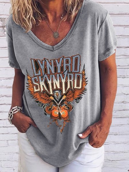 

Lynyrd Skynyrd V Neck Casual Women Tee, Gray, T-shirts
