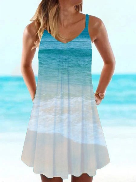 

Vintage Bohemian Vacanza Spiaggia Bretelline sottili Scollo a V Abito, Blu, Mini Dresses
