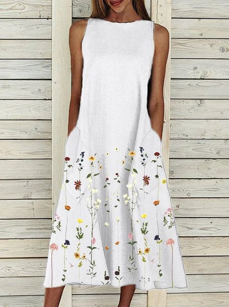 

Vintage Bohemian Vacanza senza maniche Girocollo Gonna Casuale, Bianco, Maxi Dresses