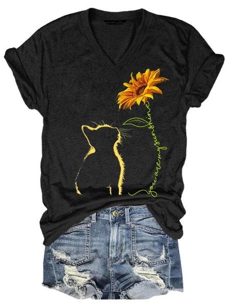 

Cat You Are My Sunshine T-Shirt Sunflower V Neck Tee, Black, T-shirts