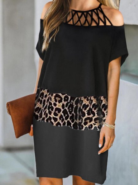 

Cold Shoulder Leopard Paneled Mini Dress, Black, Mini Dresses