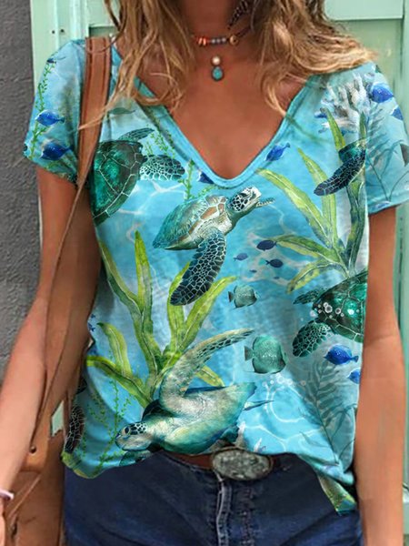

Animale Maniche Corte Dritto Top, Blu, Tops
