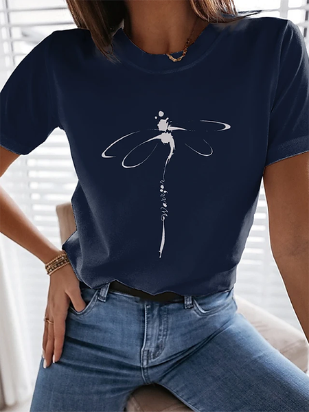 

Girocollo Maniche Corte Stampato Casuale Top, Blu marino, Tops