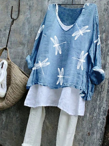

Printed Long Sleeve V Neck Vintage Tops, Blue, Blouses & Shirts