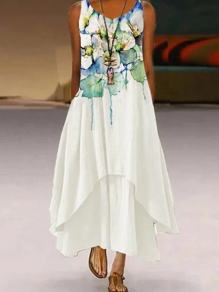 Floreale Dritto Scollo a V Gonna Casuale, Bianco, Dresses