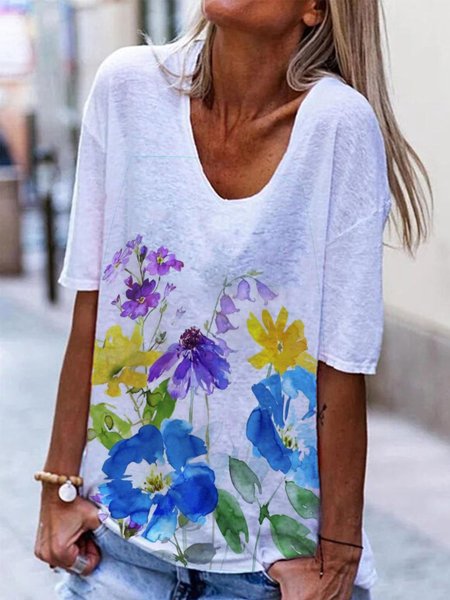

Maniche Corte Casuale Scollo a U Stampato Top, Bianco, T-Shirts