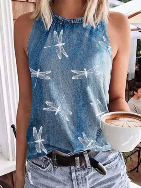

Sleeveless Denim Shift Casual Tops, Blue, Tanks & Camis