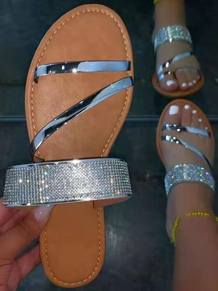 

Summer Pu Flat Heel Rhinestone Casual Boho Beach Sandals, Silver, Slippers