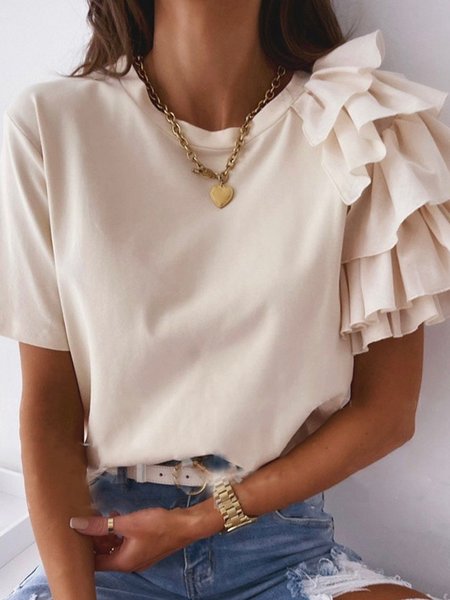 

Short Sleeve Crew Neck Top, Beige, Tops