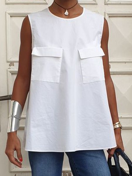 

Casual Crew Neck Pockets Shift Sleeveless Top, White, Tanks and Camis