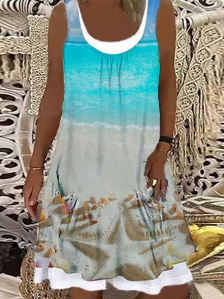 

Sleeveless Casual The Sea Floral-Print Abstract Weaving Dress, Blue, Casual Dresses