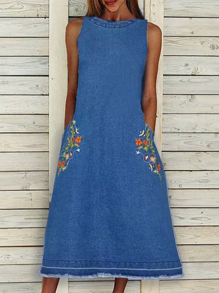 

Girocollo Denim Floreale Gonna Casuale, Blu, Dresses