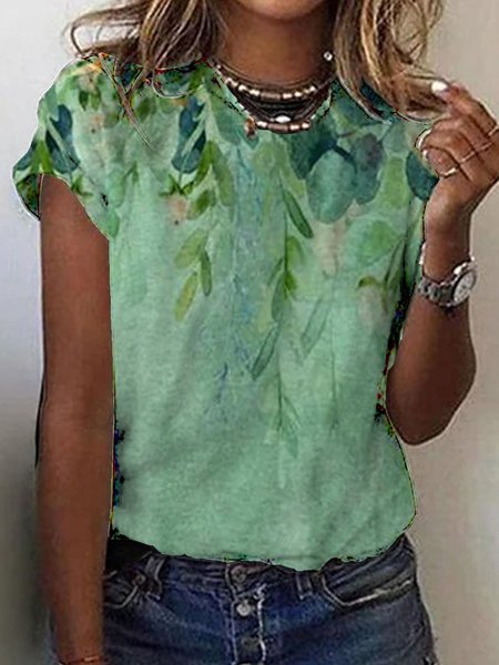 

Girocollo Le foglie Maniche Corte Stampato Camicie & Top, Verde, Tops