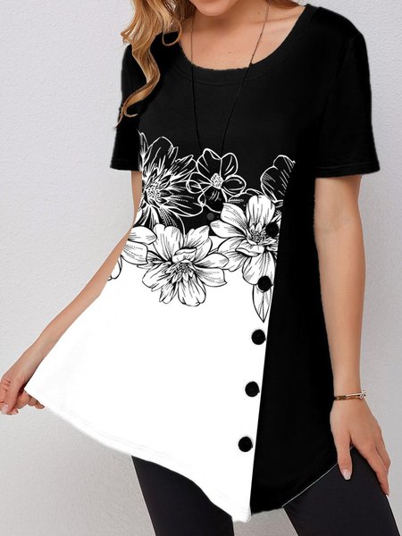 

Asymmetrical Casual Cotton-Blend T-shirt, Black, T-Shirts
