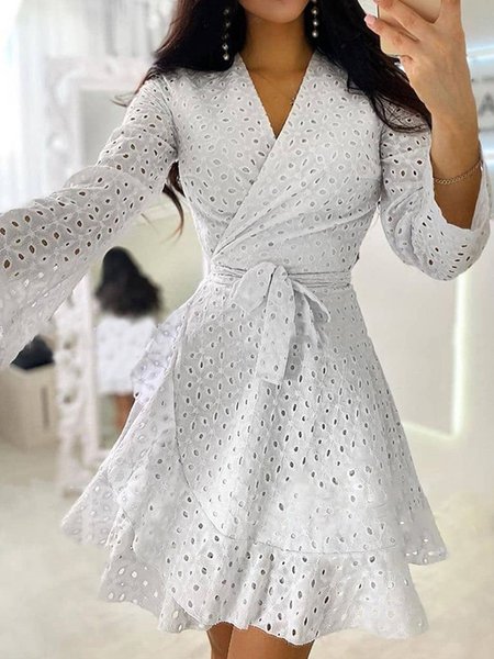 

Plain V Neck A-Line Long Sleeve Mini Dress, White, Mini Dresses