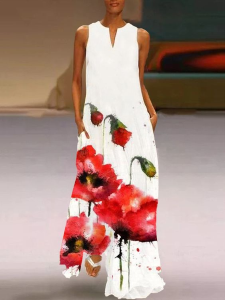 

V Neck Floral Casual Women Dress, White, Maxi Dresses