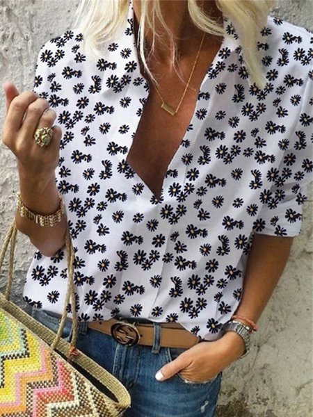 

Vintage Maniche Lunghe Stampata Floreale Scollo a V taglia grande Casuale Camicia Top, Bianco, Tops