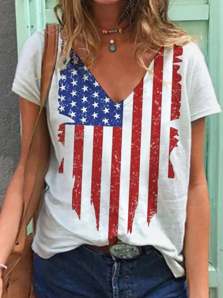 

Graphic Short Sleeve Printed Cotton-blend V neck Casual Summer White Top, Tops