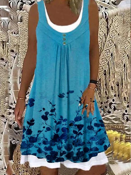 Maniche Corte Le foglie Stampato Floreale Abito, Blu, Mini Dresses