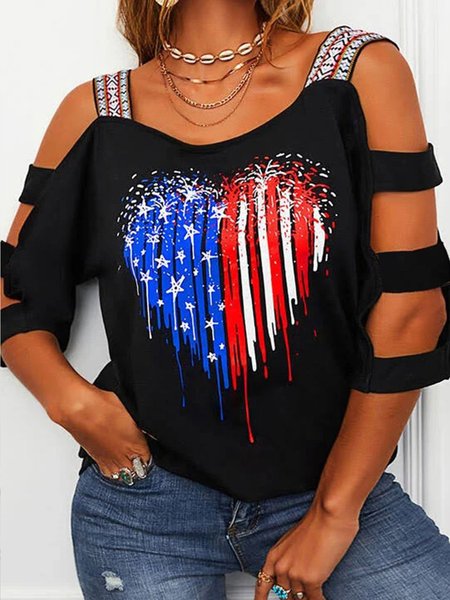 

Short Sleeve Off Shoulder Stripes Cotton-Blend T-shirt, Black, Tees & T-shirts