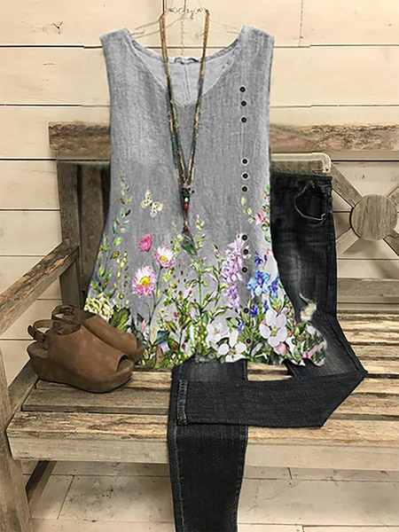 

Plus size Sleeveless V Neck Floral Shirts & Tops, Gray, Tank Top