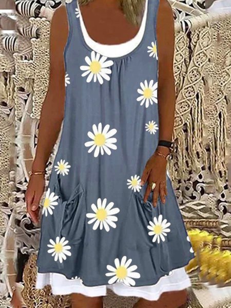 

Blue-Gray Floral Printed U-Neck Sleeveless Casual Pockets Dresses, Dresses