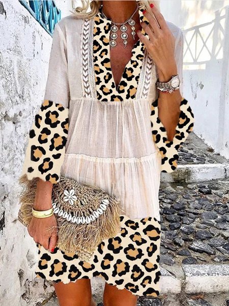 

Vacanza Leopardo Dritto 3/4 Manica Abito, Come immagine, Midi Dresses