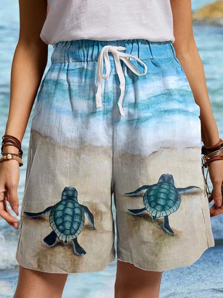 

Sea Turtle Print Beach Shorts For Ladies Shorts, Multicolor, Shorts