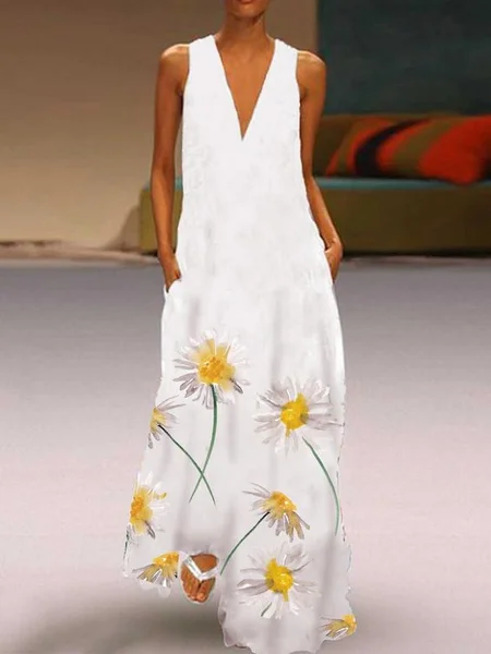 

Scollo a V Dolce Senza Maniche Maxi Abito, Bianco, Dresses