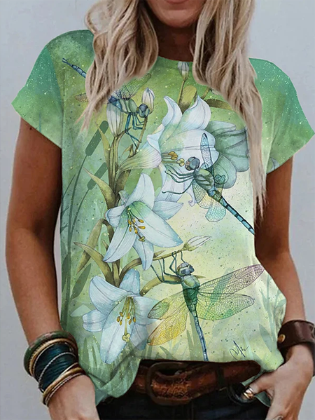 Stampato Misto Cotone Girocollo Maniche Corte Top, Verde, Tops