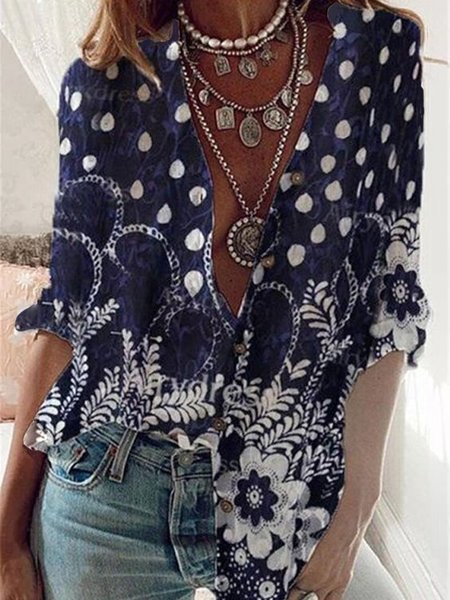 

Casuale Floreale Cotone 3/4 Manica Top, Blu intenso, T-Shirts