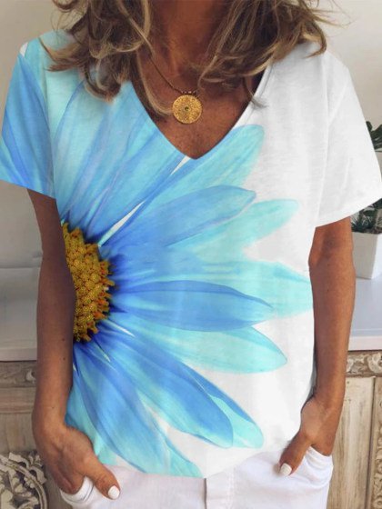 

Floral V Neck Short Sleeve T-shirt, Blue, T-Shirts