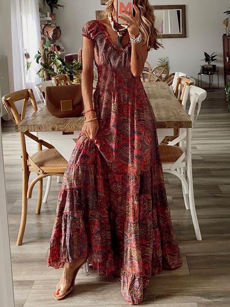 

Scollo a V Casuale Vintage Maniche Corte Vacanza Abito, Rosso mattone, Dresses