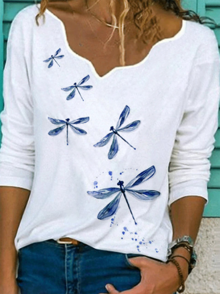 

Bianco Stampato Scollo a V Casuale Maniche Lunghe Dritto Top, Blouses & Shirts