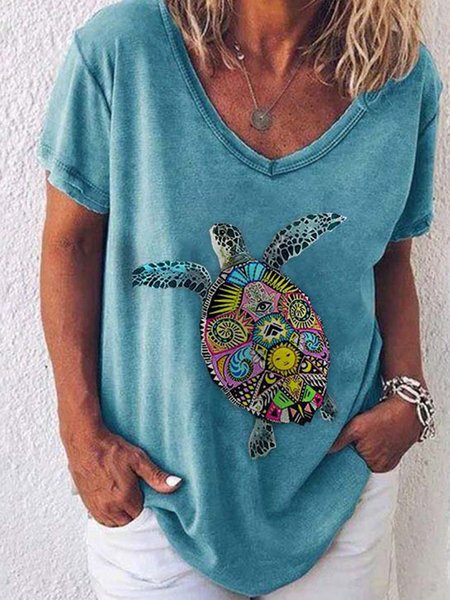 

Scollo a V Animale Casuale Maniche Corte Top, Blu, Tops
