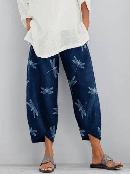 

Blu Marino Stampato Casuale Tasche Dritto Pantaloni, Bottoms