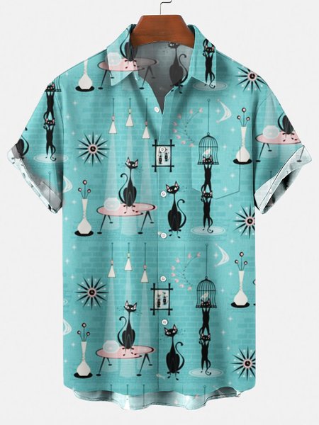 

Men's 50's New Style Short Sleeve Casual Loose Shirt, Blue, Men's Floral shirt