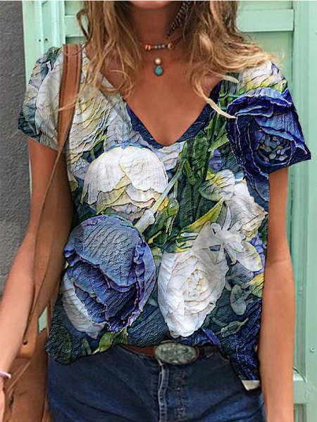 

Short Sleeve Shift Casual Shirts & Tops, Blue, Printed T-shirts