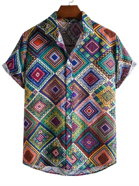 

Men's 50s National Style Geometric Short Sleeve Casual Loose Shirt, As picture, Men's Tops