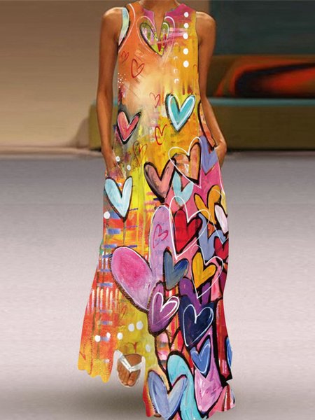 

Vintage Floral Printed Statement Plus Size Sleeveless V Neck Casual Dresses, Love heart, Dresses