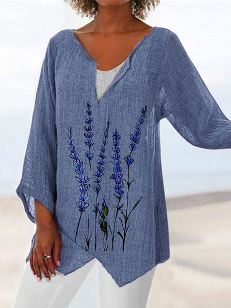 Stampato Misto Cotone Casuale 3/4 Manica Top, Blu, Blouses & Shirts