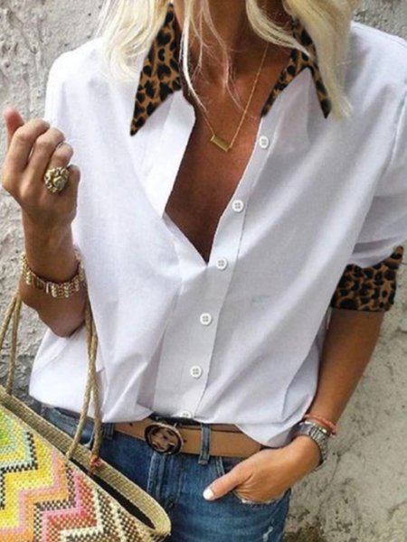 

Leopardo Casuale Maniche Lunghe Dritto Superiore, Bianco, Blouses & Shirts