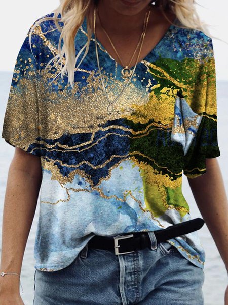 

Ladies Vintage Abstract V-Neck T-Shirt, As picture, T-shirts