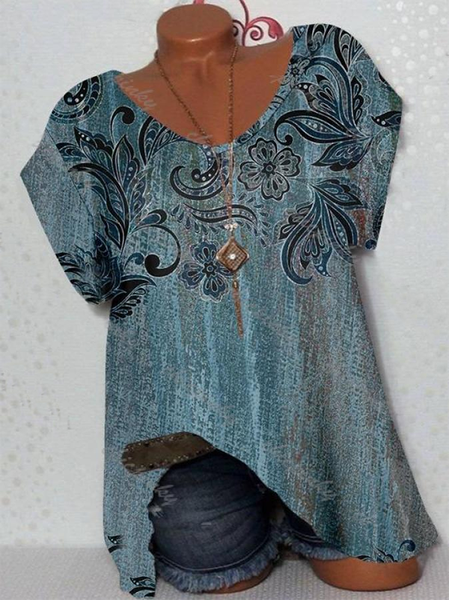 

Maniche Corte Stampato Casuale Girocollo Top, Blu, Blouses & Shirts