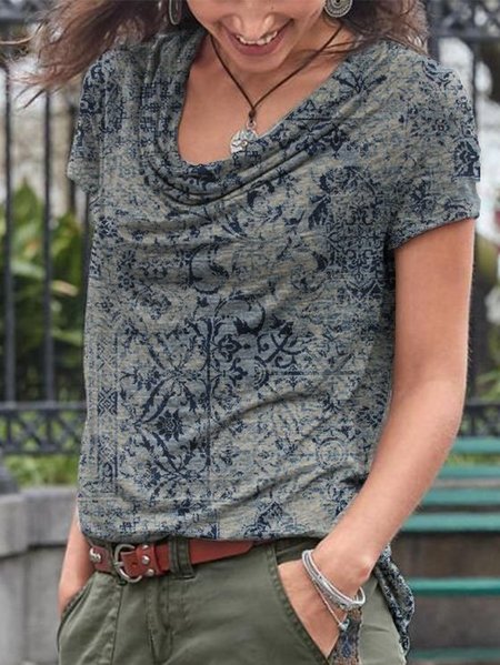 

Tribale Collo ad anello Maniche Corte Top, Grigio, Tops