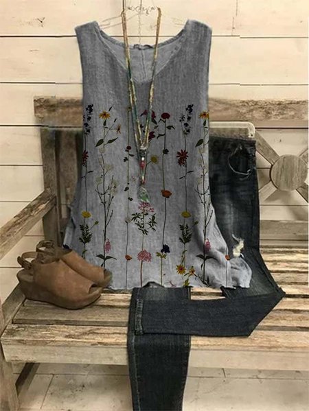 

senza maniche Misto Cotone Stampato Floreale Casuale Top, Grigio, Tops