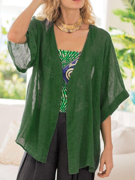

Summer V-Neck 3/4 Sleeve Solid Loose Cardigan Tops, Green, Tops