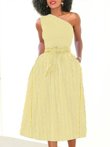 

Sleeveless Stripes A-Line One Shoulder Work Dress, Yellow, Midi Dresses