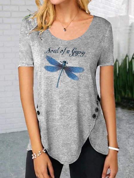 

Dragonfly Printed Short Sleeve T-shirt, Gray, T-Shirts
